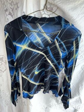 Class Roberto Cavalli Blue and Cream Abstract V-Neck Long Sleeve Top